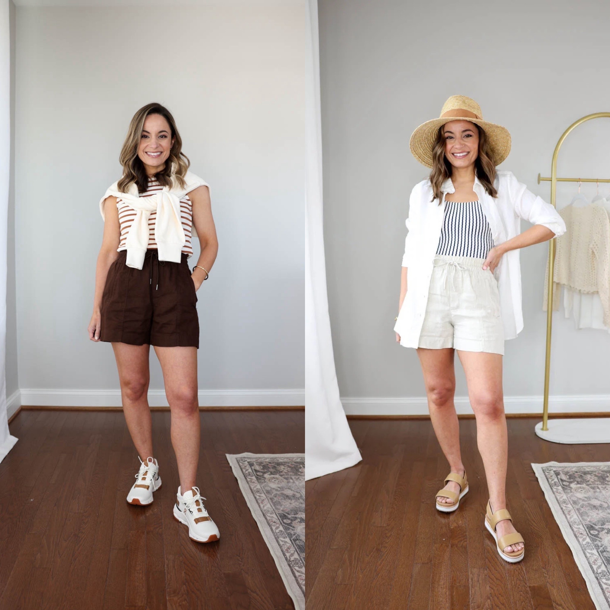 I also love the retreat shorts! I wear these in xxs. They have a roomy fit that doesn’t cling or ride up. 100% linen but not see through. You may also consider a size down in these if you border on sizing. 

Shorts: xxs 
Tank top: xxs
Linen top: xs 
Hat: xs 
Sneakers: true to size 
Sandals: sold out 

#LTKPetite