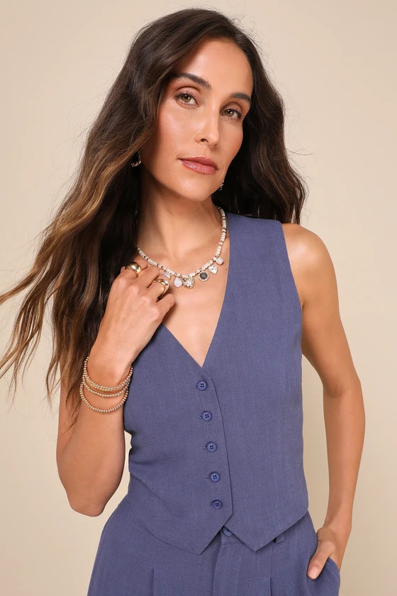 Suits You Perfectly Dark Blue Linen Vest | Lulus
