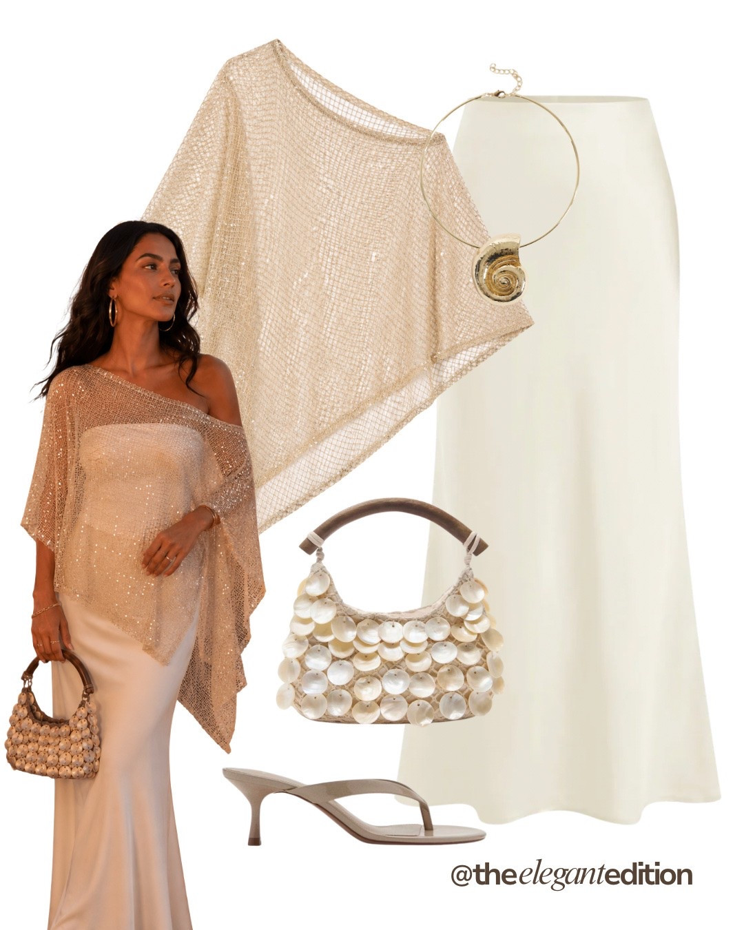 GOLDEN HOUR LOOK 🤍✨ — Gold sequin mesh poncho, ivory satin maxi skirt, shell bag and gold hoop earrings. Glamorous evening dressing for warm-weather occasions.
#oldmoney #quietluxury #summeroutfit #eveningwear #goldenhour #LTKsummer #LTKtravel #LTKstyletip

#LTKsummer #LTKpartywear #LTKstyletip