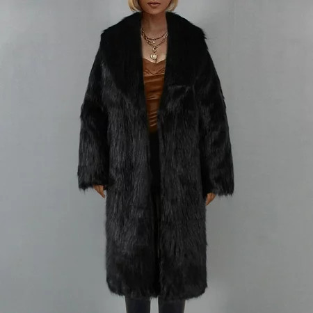 Voncos Womens Faux Fur Coat Warm Plush Overcoat Fall Winter Fleece Jacket Long Trench Coat Cardigan Christmas Gift Black L | Walmart (US)