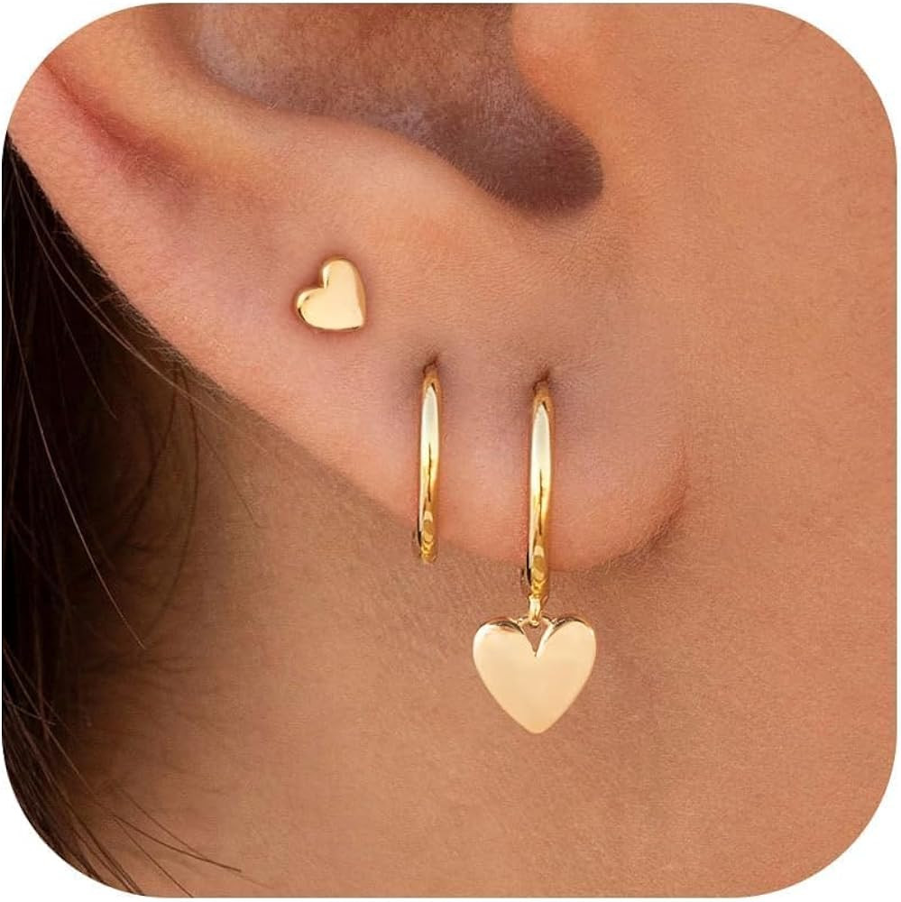 GUOKE 3 Pairs Small Hoop Earring Stacks, 14K Gold/Silver/Black/Rose Gold Plated Pearl Heart Butte... | Amazon (US)