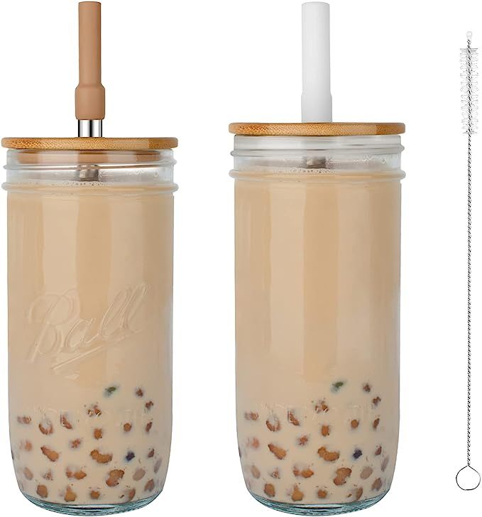 Tronco Mason Jars with Lid and Straw,Reusable Glasses Cups with Bamboo Lid and Straw, Wide Mouth ... | Amazon (US)