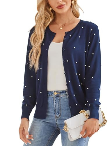 GRACE KARIN Knit Cardigans for Women Pearl Long Sleeve Tops Button Down Crew Neck Cardigan Sweater(Navy Blue,2XL) | Amazon (US)