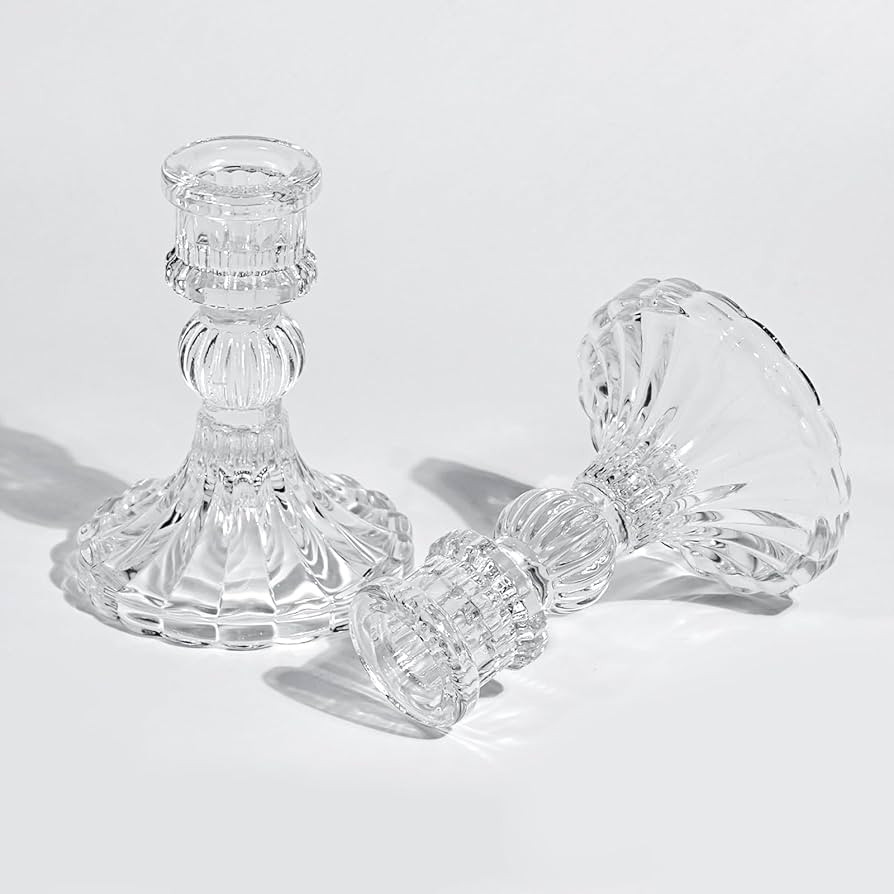 4" Tall Glass Candlestick Holders 2 Pcs Clear Glass Taper Candle Holder Set Crystal Candle Holder... | Amazon (US)