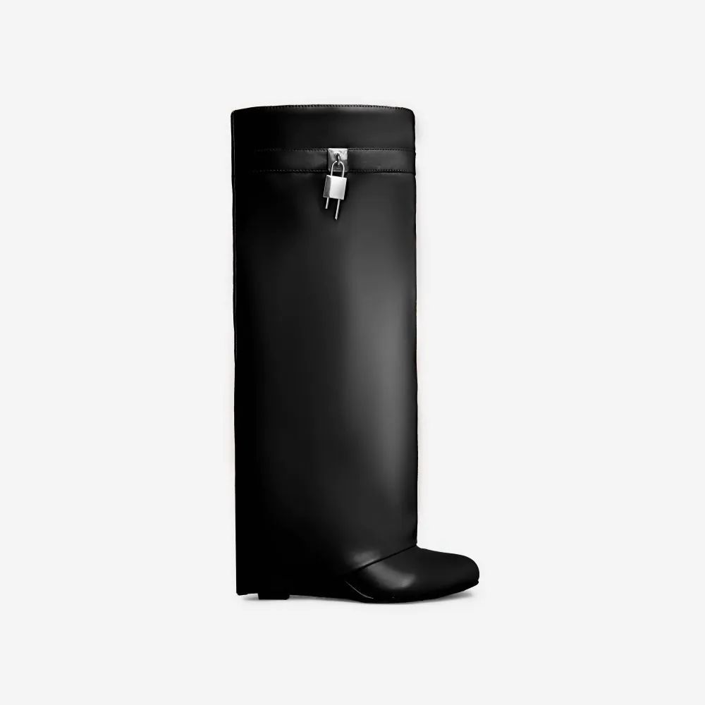I-Am-The-One Padlock Detail Wedge Heel Knee High Long Boot In Black Faux Leather | EGO Shoes (US & Canada)