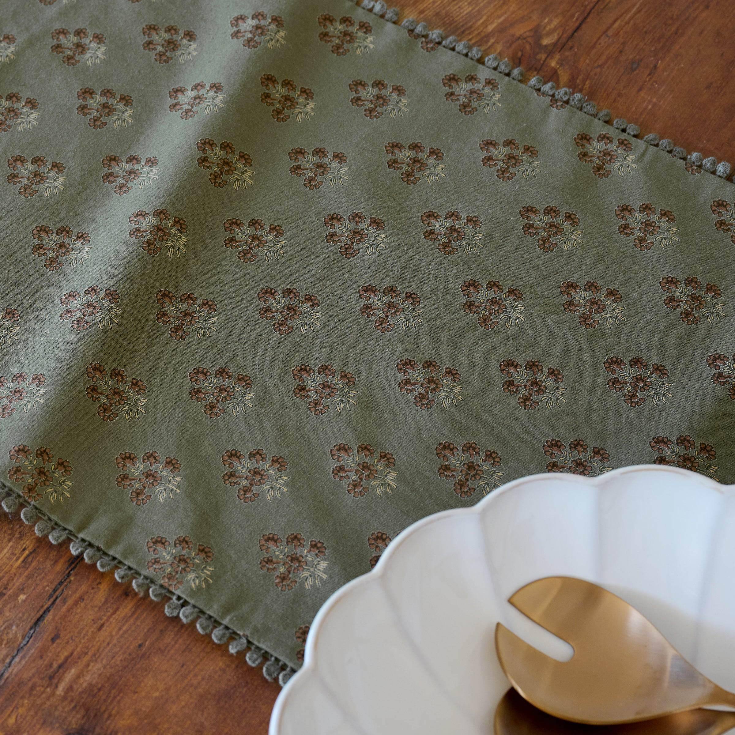 Magnolia Olive Green Block Printed Table Runner | Magnolia