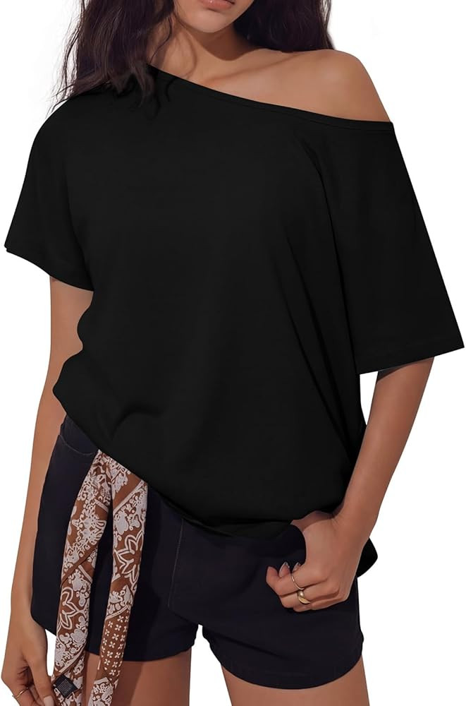 REORIA Women's Off The Shoulder Oversized T Shirts Short Sleeve Casual 2026 Summer Basic Tees for... | Amazon (US)