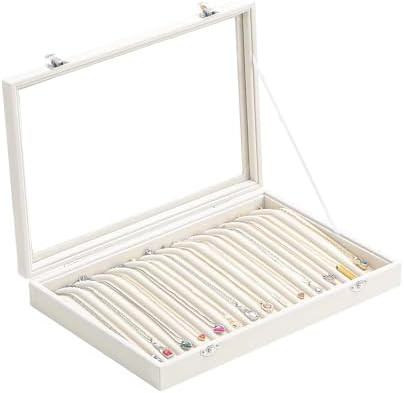 14 Hooks Necklace Storage Tray, Velvet Neckalce Organizer Box with Clear Lid, Pendant Chain Neckl... | Amazon (US)