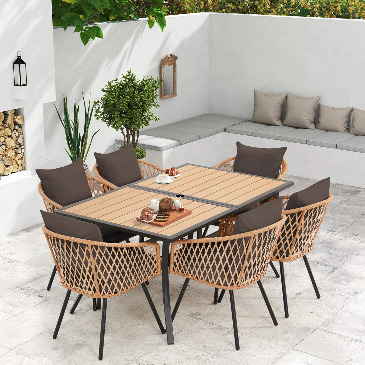 7-Piece Outdoor Dining Set With 6 Rattan Chairs, All-Weather Patio Table & Chairs For Backyard, G... | Wayfair North America