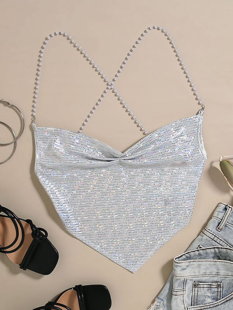 Ruched Hanky Hem Metallic Pearls Cami Top | SHEIN