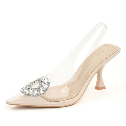 JENN ARDOR Clear Heels for Women Slingback Pointed Closed Toe Heels with Rhinestones 3 inch Comfortable Stiletto Sandals Pumps Wedding Party Dress Shoes 7.5 Beige | Amazon (US)