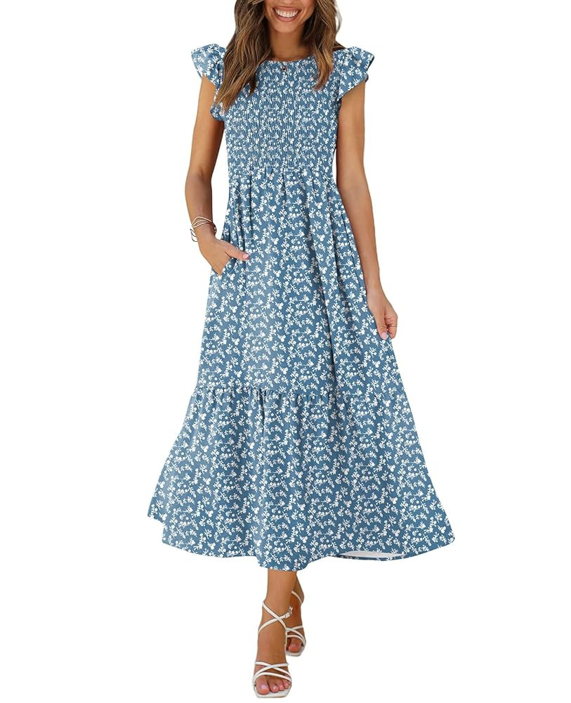 OFEEFAN Women's Casual Maxi Dresses with Pockets Ruffle Sleeve Smocked Dress XS-2XL | Amazon (US)