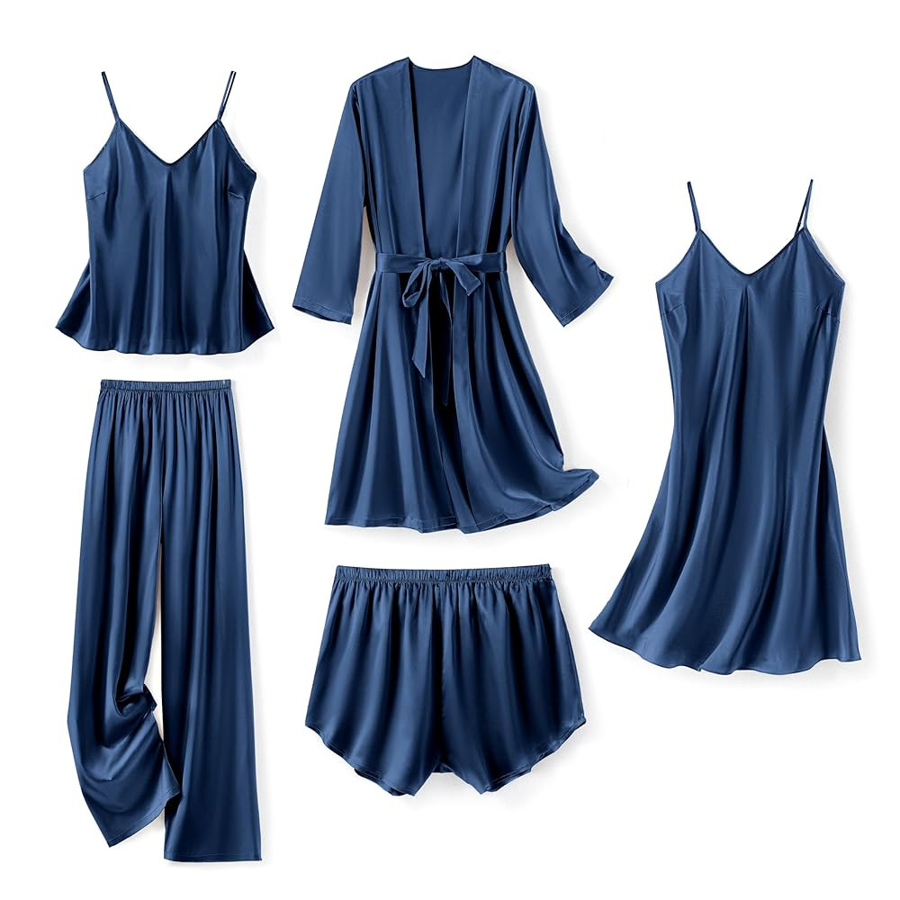 SAPJON Silk Pajamas for Women 5Pcs Sleepwear Loungewear Satin Robe Cami Shorts Pj Set | Amazon (US)