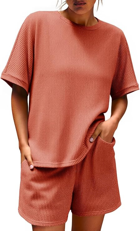 Imily Bela Womens 2 Piece Outfits 2025 Oversized Summer Short Sets Casual Beach Ribbed Short Slee... | Amazon (US)