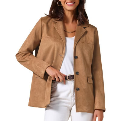 INSPIRE CHIC Women's Faux Suede Vintage Button Down Notched Lapel Long Sleeve with Pockets Blazer Brown Small | Target