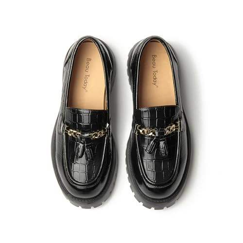 BEAU TODAY Chunky Loafers for Women,Womens Platform Loafer Shoes,Chunky Heel Lug Sole Slip-on Tassel Shoes,Comfort Round Toe Business Work Office Shoes Black-B US 10 | Amazon (US)