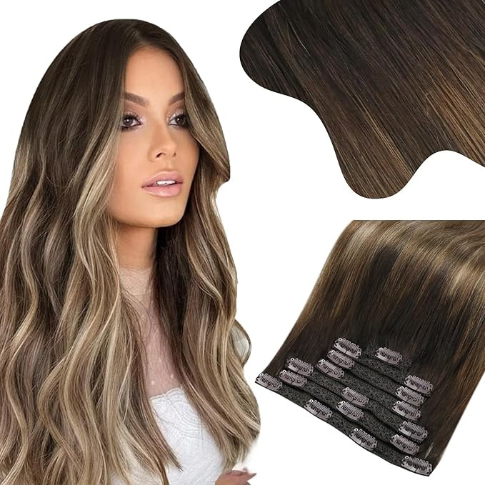 Moresoo Clip in Hair Extensions Real Human Hair Balayage Dark Brown to Dark Ash Blonde with Dark ... | Amazon (US)