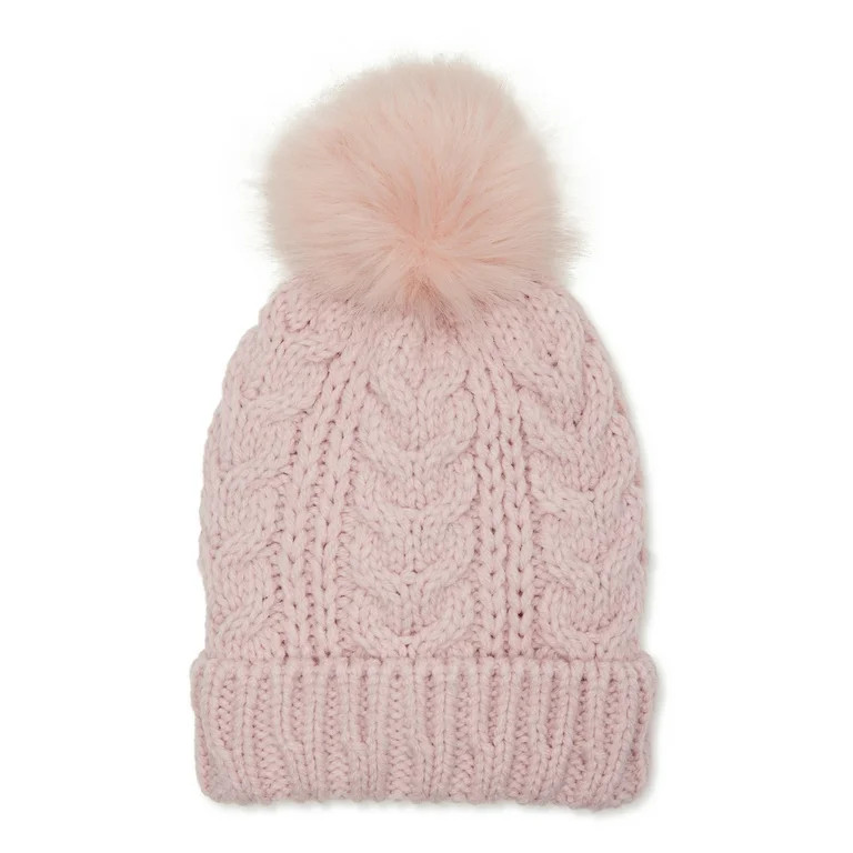Time and Tru Women’s Cable Knit Lined Beanie Hat with Pom Pom - Walmart.com | Walmart (US)