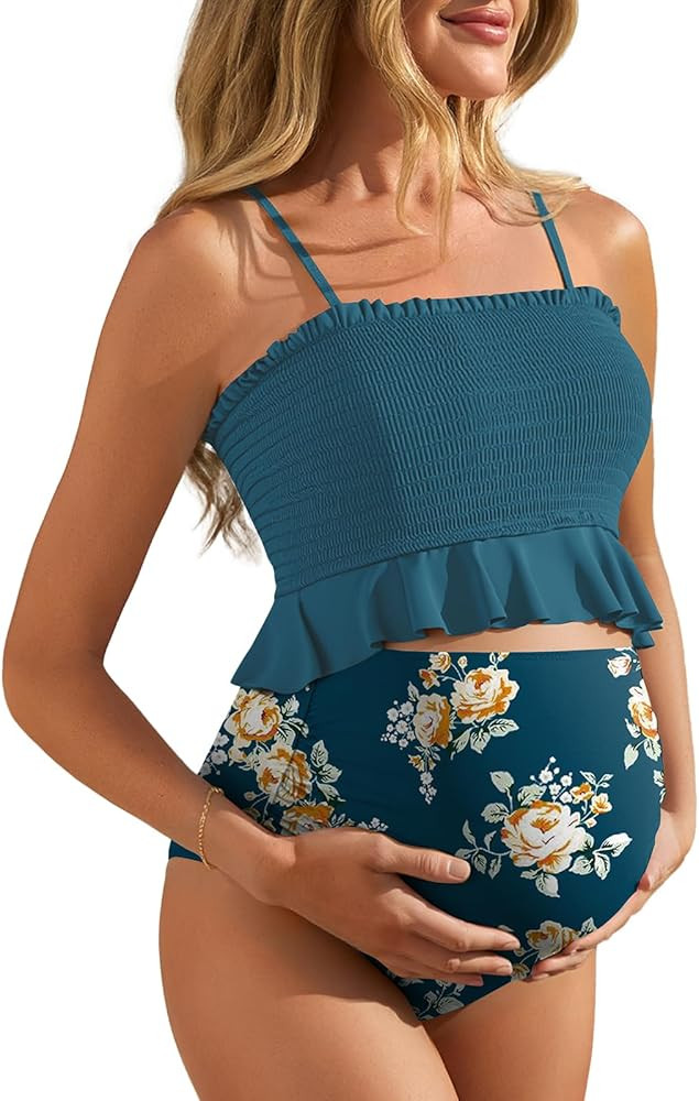 Summer Mae Maternity High Waist Swimsuit Ruffle Hem Bikini Bathing Suit Shirred Bandeau Two Piece... | Amazon (US)
