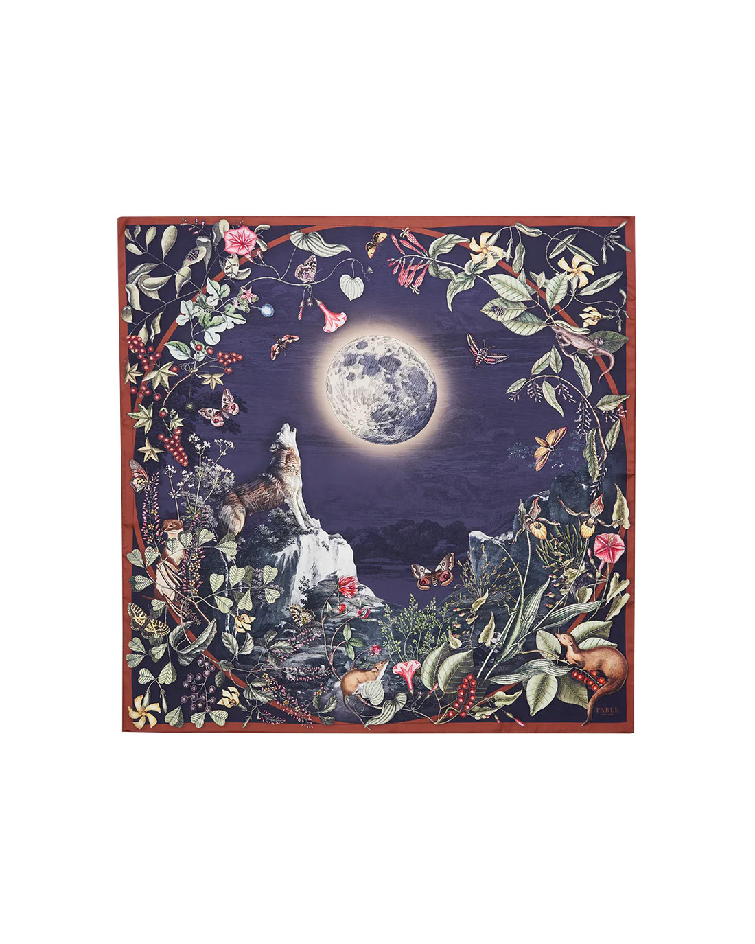 Navy Wolf Garden Narrative Square Scarf | Fable England