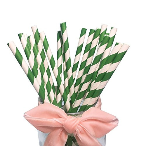 Green Striped Paper Straws Bulk - Disposable Green and White Drinking Straws Biodegradable Paper Pop Cake Sticks for Craft (100 Pack) | Amazon (US)