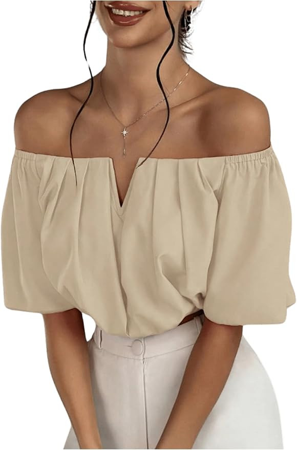 SOLY HUX Women's Off Shoulder Short Sleeve Ruched Crop Tops Blouse | Amazon (US)