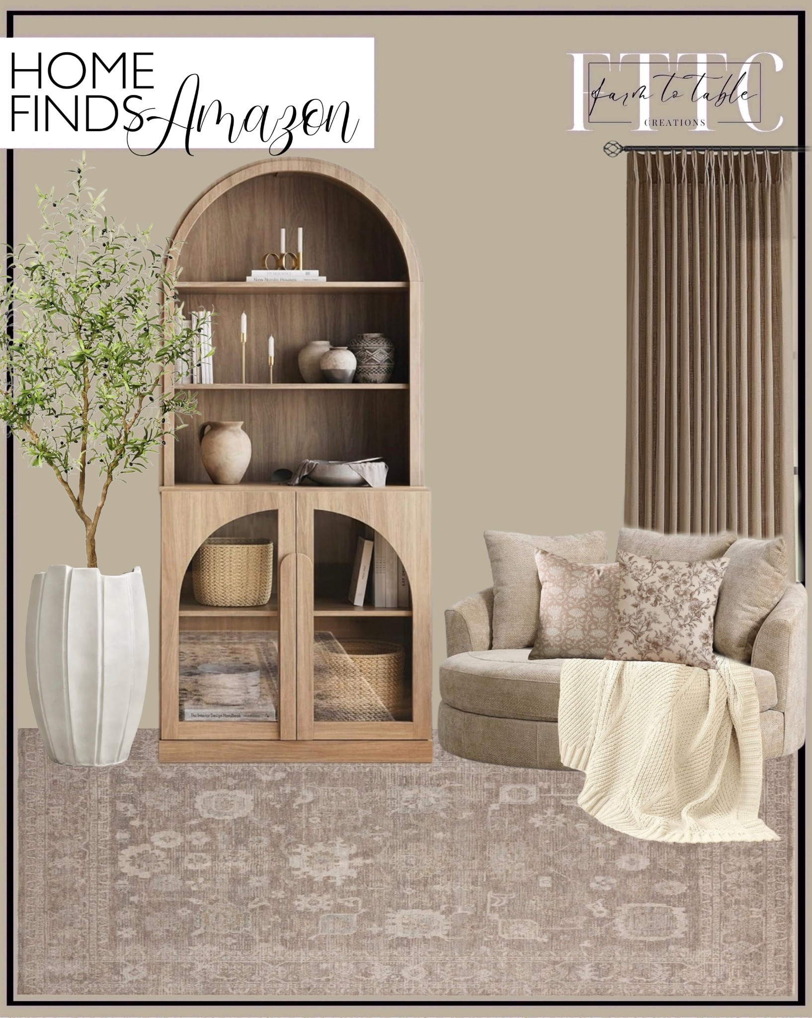 Neutral Amazon Living Room Finds — Arched Cabinet, Swivel Chair, Rug & Decor

Follow @farmtotablecreations on Instagram for more neutral home inspiration 🤍

Sharing a cozy collection of Amazon home finds that create a warm, layered living space without feeling heavy. The light wood arched cabinet adds beautiful architectural interest and functional storage, while the neutral swivel chair brings soft texture and comfort — perfect for a reading corner or conversation area. Paired with a vintage-inspired neutral rug, soft pillows, and a chunky knit throw, this look feels elevated, timeless, and easy to mix with pieces you already own. The oversized planter with a faux olive tree adds height and life to the space, and the warm drapery panels complete the designer look.


#livingroom #livingroomdecor #accentchair #swivelchair #cabinet #storagecabinet #homedecor #neutraldecor #arearug #throwpillows #windowtreatments #planters #fauxolivetree #livingroomfurniture

#LTKSaleAlert #LTKHome