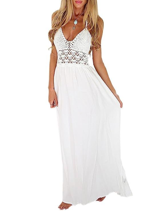 LILBETTER Women's Beach Crochet Backless Bohemian Halter Maxi Long Dress | Amazon (US)