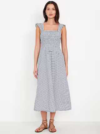 Fit & Flare Lightweight Smocked Gingham Midi Dress | Old Navy (US)