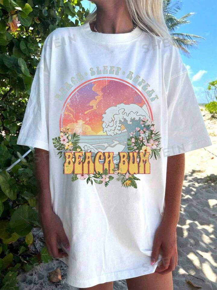 SHEIN EZwear Women's Casual Loose-Fit Drop-Shoulder Sunset Beach Printed T-Shirt, EZwear4.82(500+... | SHEIN