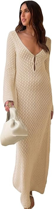 Women's Crochet Swimsuit Cover Up Sexy Hollow Out V Neck Backless Maxi Dress Long Sleeve Beach Bi... | Amazon (CA)