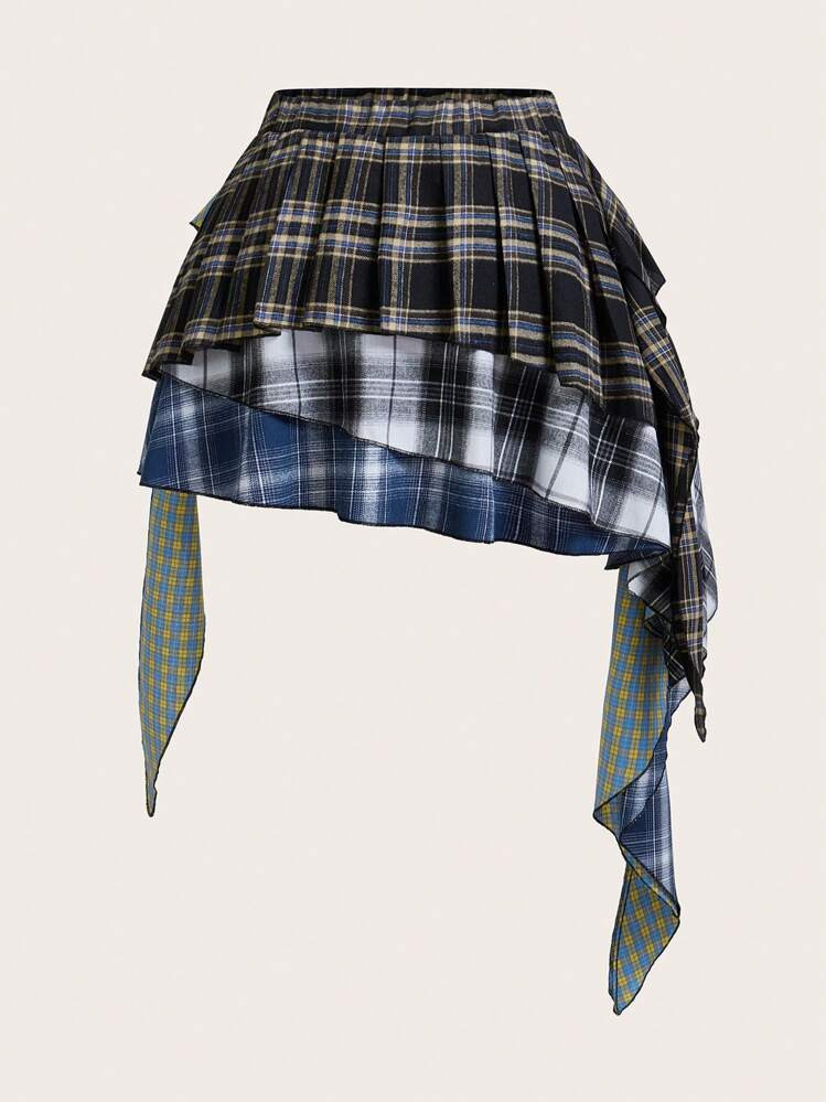 SHEIN ICON Plus Size Vintage Casual Patchwork Plaid Asymmetric Hemline Pleated A-Line Skirt | SHEIN