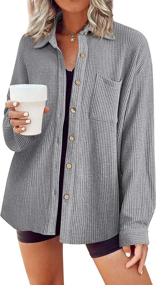 HOTOUCH Waffle Button Down Shirts for Women Dressy Casual Work Shacket V Neck Long Sleeve Lightwe... | Amazon (US)