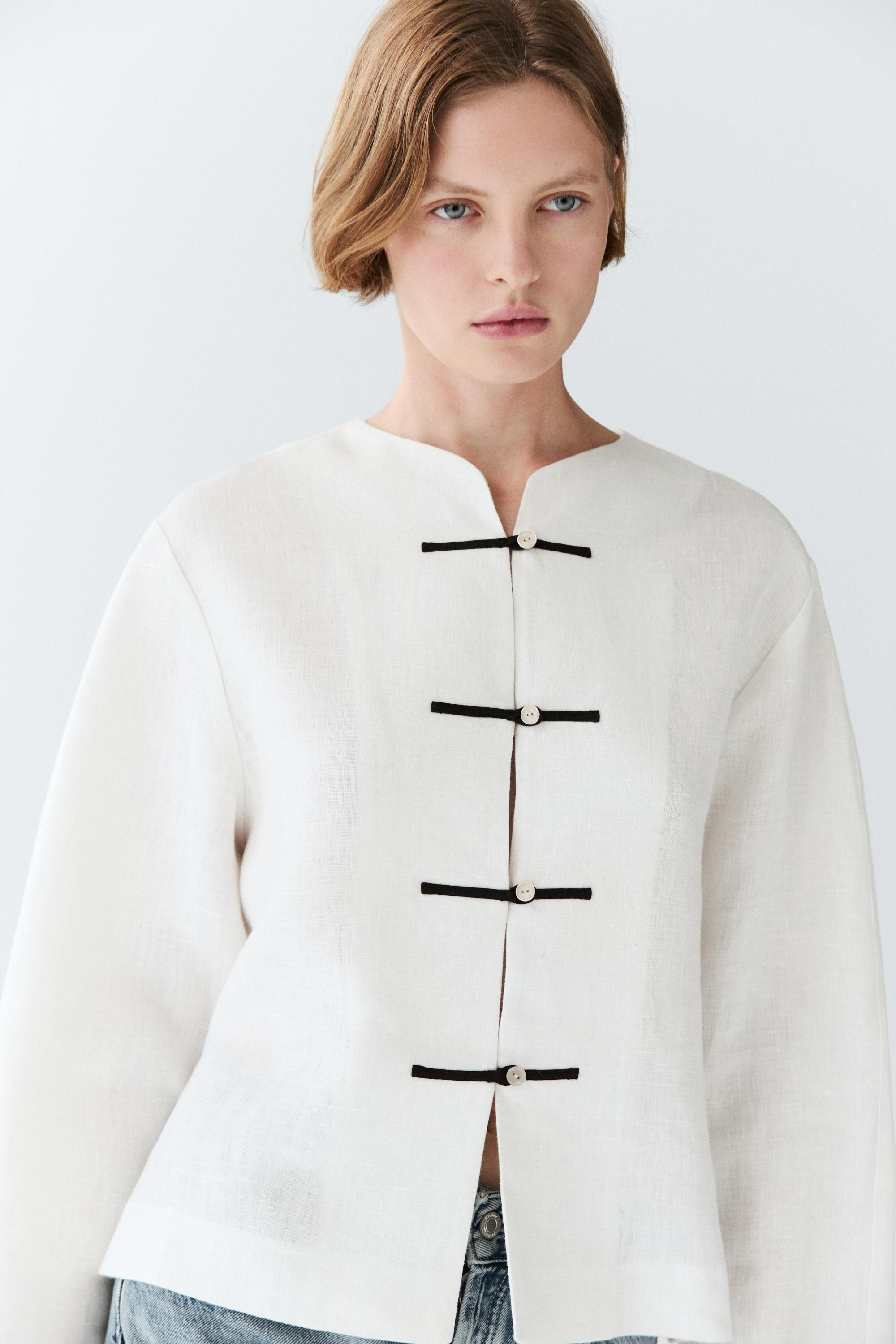 100% linen flowing shirt with button detail | Massimo Dutti UK