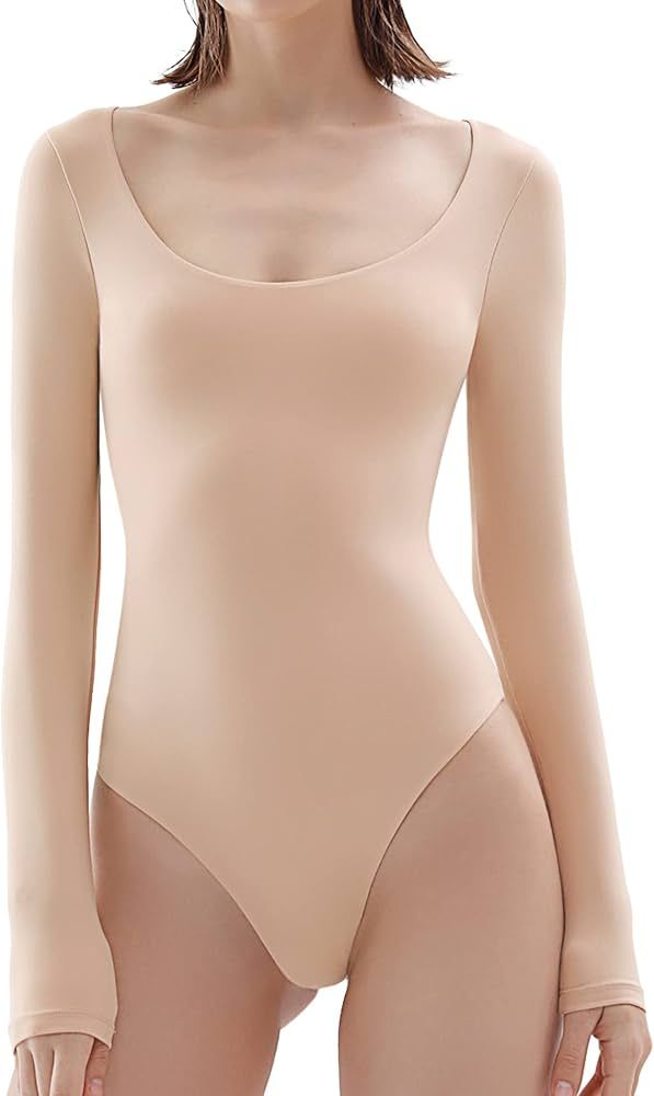 Amazon.com: PUMIEY Long Sleeve Bodysuit For Women Sexy Scoop Neck Tops Nude Body Suits Women Clot... | Amazon (US)
