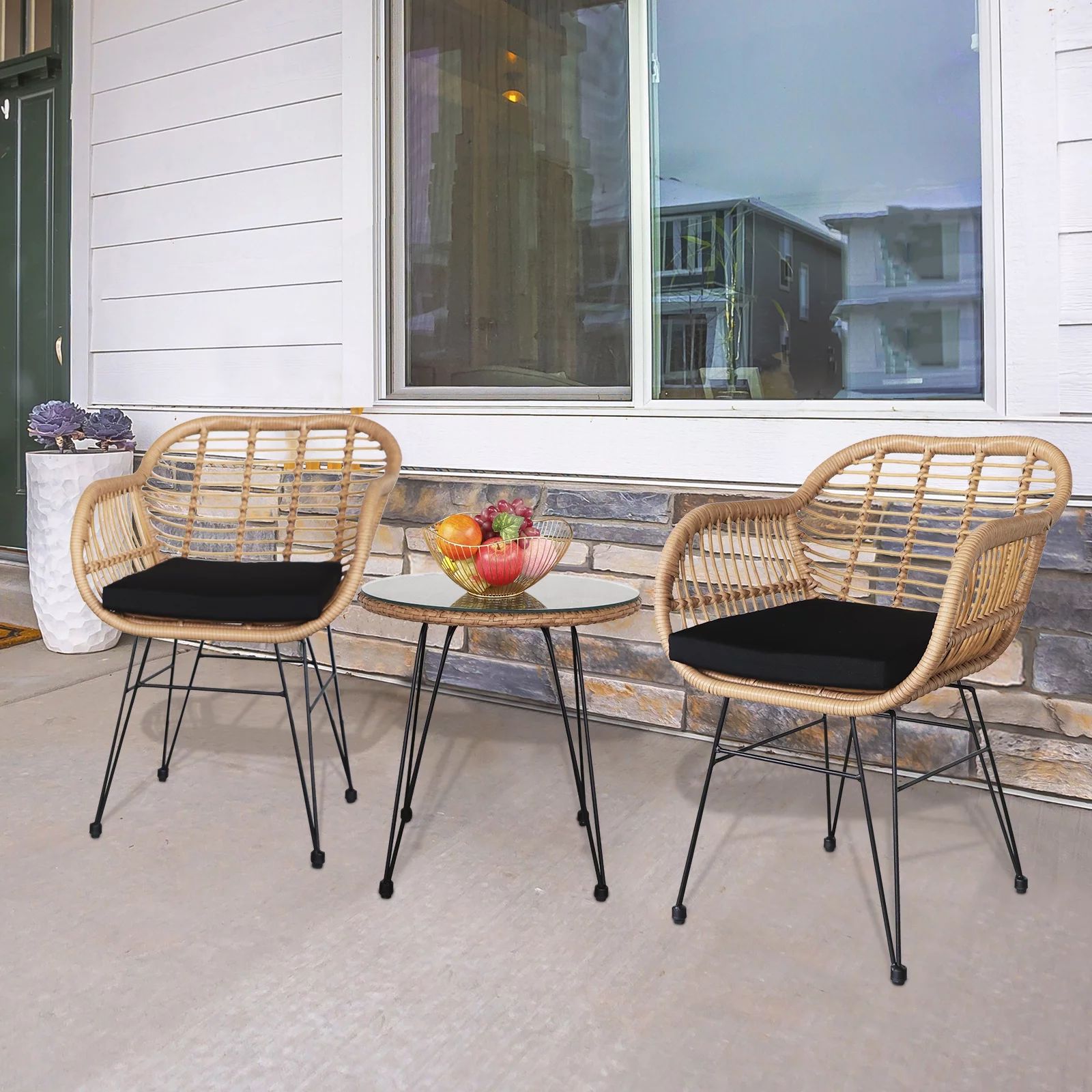 Zimtown 3-Piece Outdoor Wicker Conversation Furniture Set w/ (2) Chairs, Wicker Bistro Set, Yello... | Walmart (US)