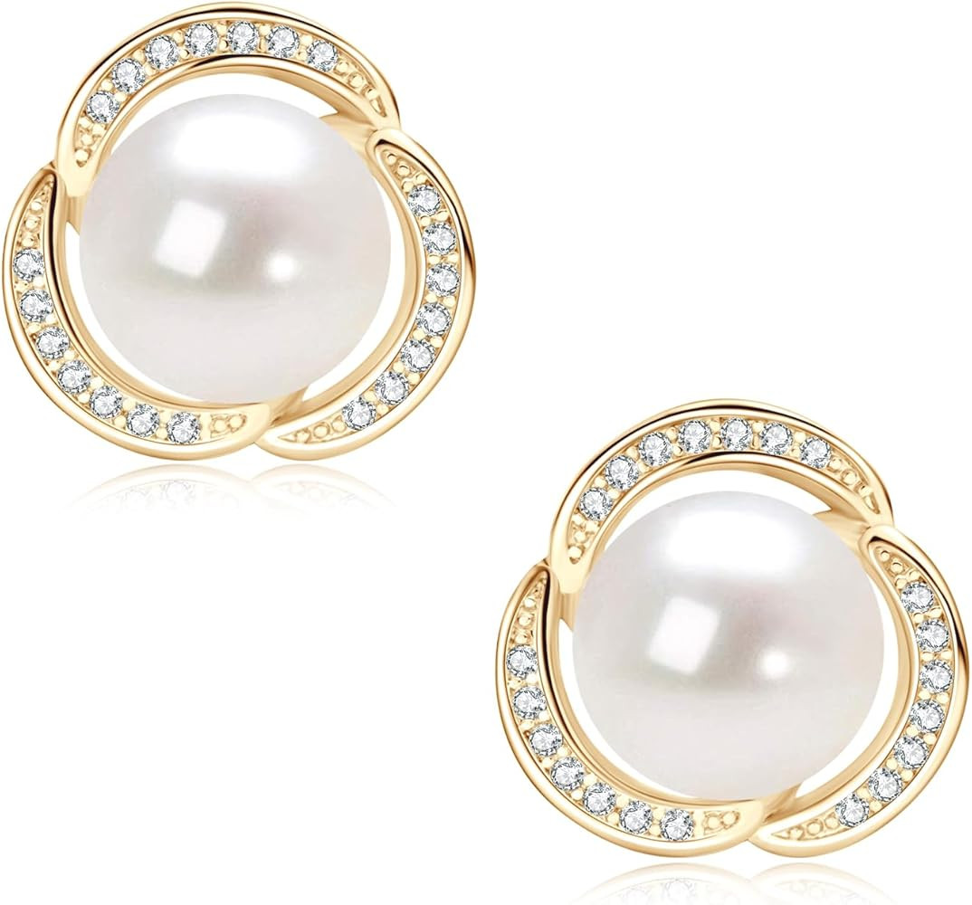 Pearl Stud Earrings for Women 14K Gold Plated Freshwater Cultured White Pearl with Cubic Zirconia... | Amazon (US)