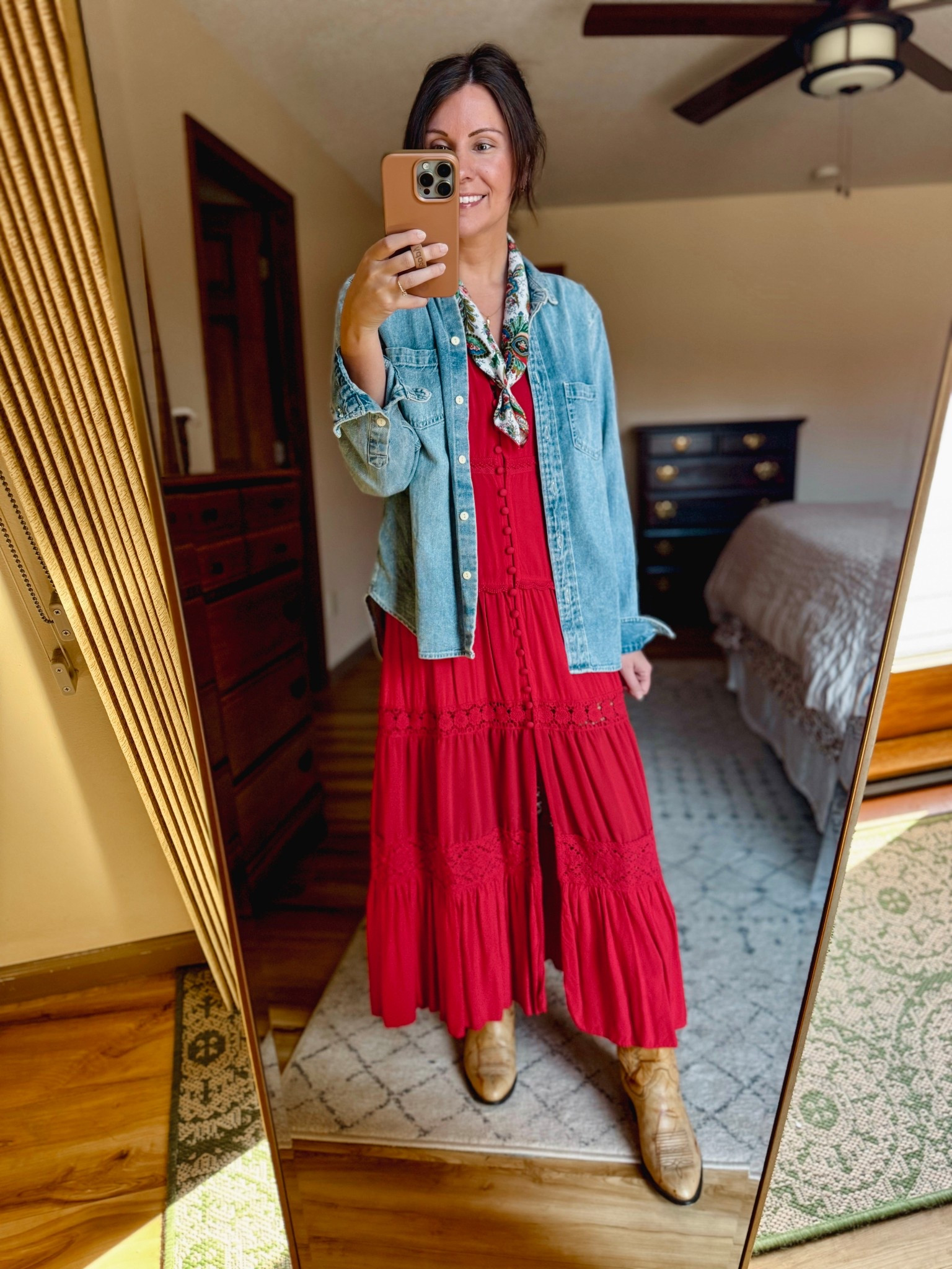 Wearing size small in the dress (I also own in medium in the white) size small in the denim shirt (will link similar bc it’s sold out), and my boots are thrifted so I linked similar. 
Love this little printed scarf and the cute cowboy boot necklace  🤠 


#LTKPetite #LTKSeasonal #LTKgrwm