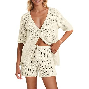 Saodimallsu Women Crochet 2 Piece Swimsuit Cover Up Short Sleeve Knit Tops Shorts Sets Summer Bea... | Amazon (US)