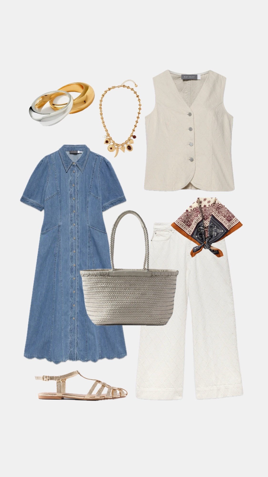 Mix & Match Summer denim 
Denim Dress
Cream Denim Jeans 
Denim Waistcoat
Woven Bag
Gold Sandals


#LTKspring #LTKover50style #LTKstyletip