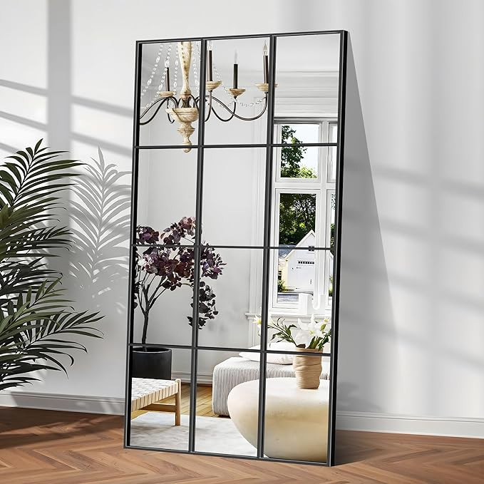 YIROMAN Window Pane Mirror, 30x60 Inch Black Rectangular Decorative Wall Mirror, Large Window Met... | Amazon (US)