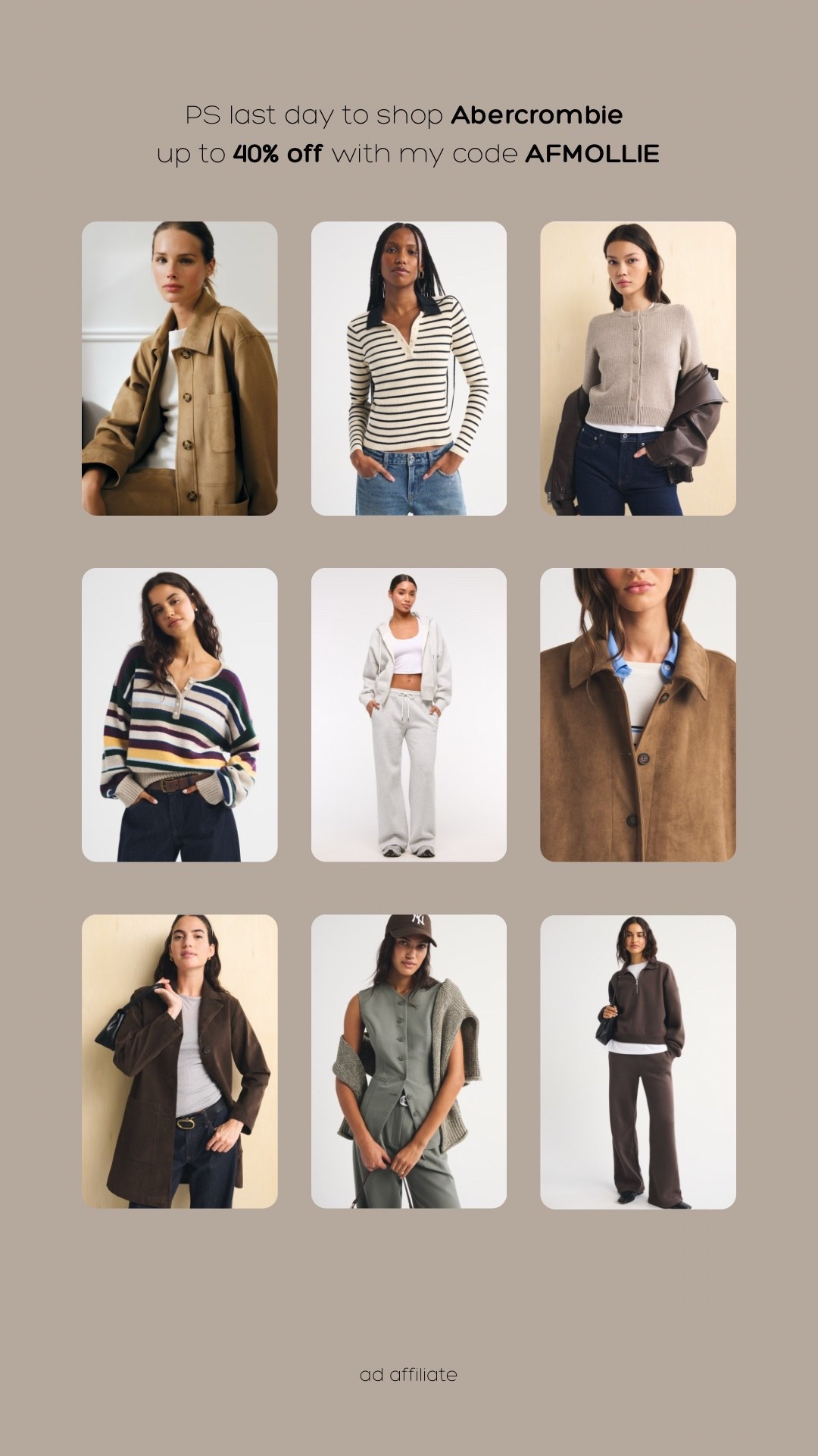 Last day to use code AFMOLLIE to shop the Abercrombie up to 40% off sale!!

#LTKuk #LTKautumn #LTKeurope