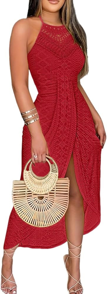 CHICME Womens Summer Halter Dress Hollow Out A Line Vacation Dresses with Eyelet Embroidery & Sid... | Amazon (US)