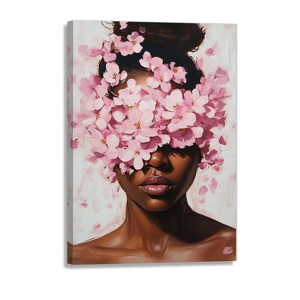 Black Woman Wall Art Pink Black Girl With Floral Paintings African American Canvas Print Fashion ... | Wayfair North America