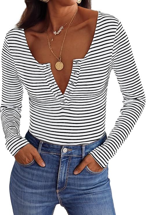 AUTOMET Women's Long Sleeve Henley Shirts Cotton Striped Business Casual Tops Ribbed V Neck Tee 2... | Amazon (US)