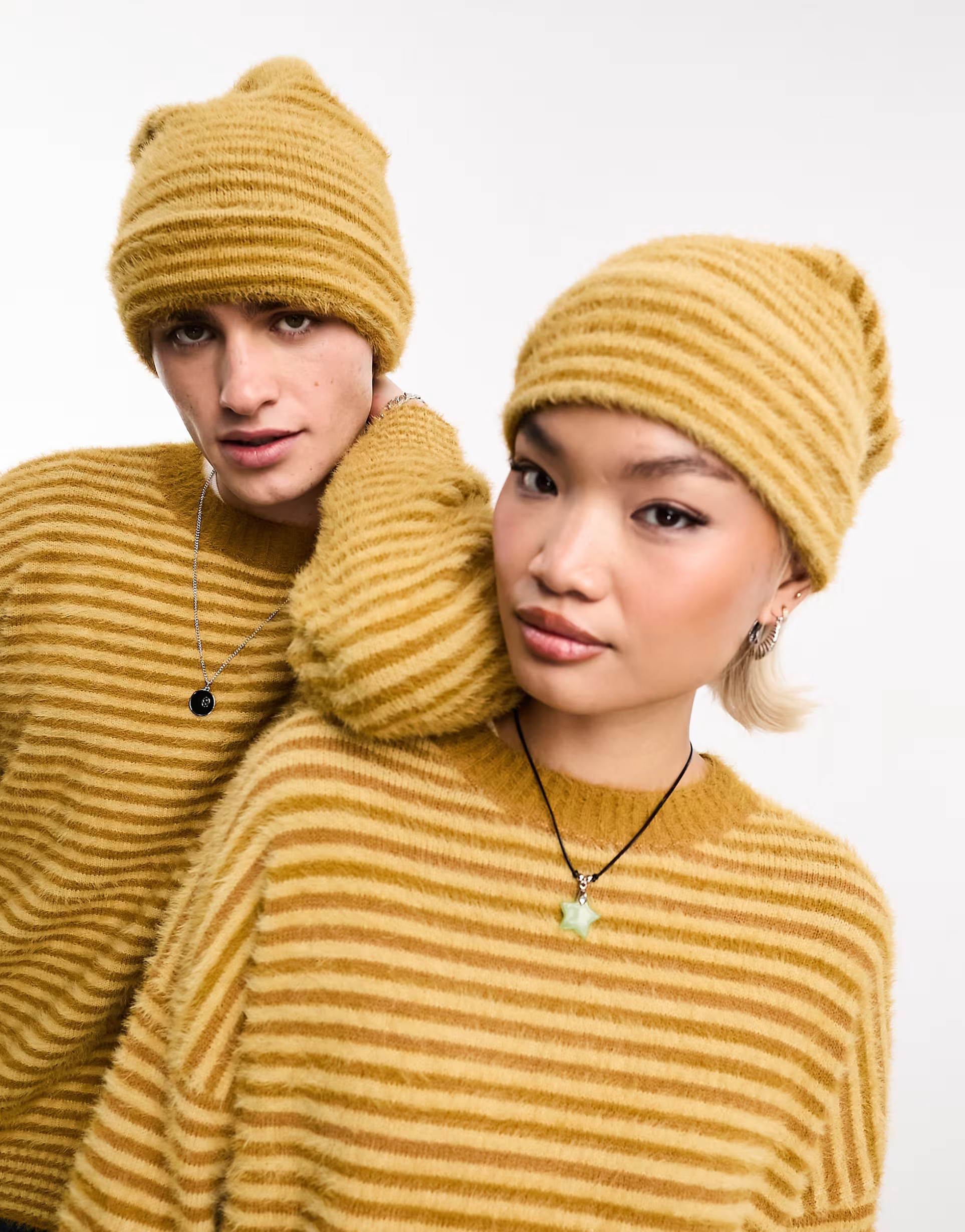 COLLUSION Unisex oversized fluffy beanie in mustard stripe | ASOS (Global)