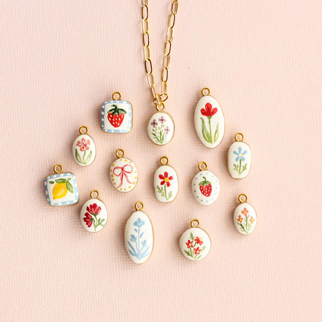 Hand Painted Charm for Necklace | Handmade Clay Charms | Folk Art Flowers Fruit Strawberry Lemons... | Etsy (US)