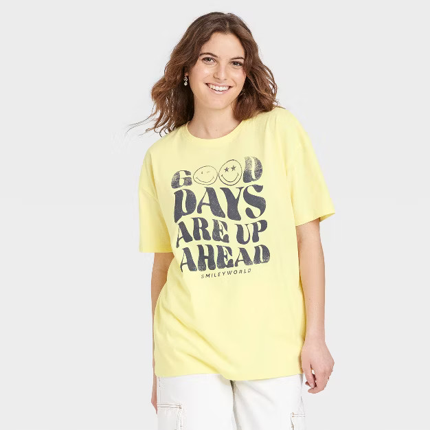 Women's SmileyWorld Good Days Oversized Short Sleeve Graphic T-Shirt - Yellow | Target