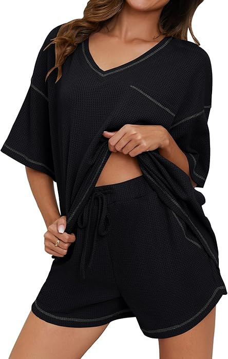 Womens Pajama Sets Waffle Knit 2 Piece Short Lounge Set Cute Sleep Loungewear Pjs Set Short Sleev... | Amazon (US)