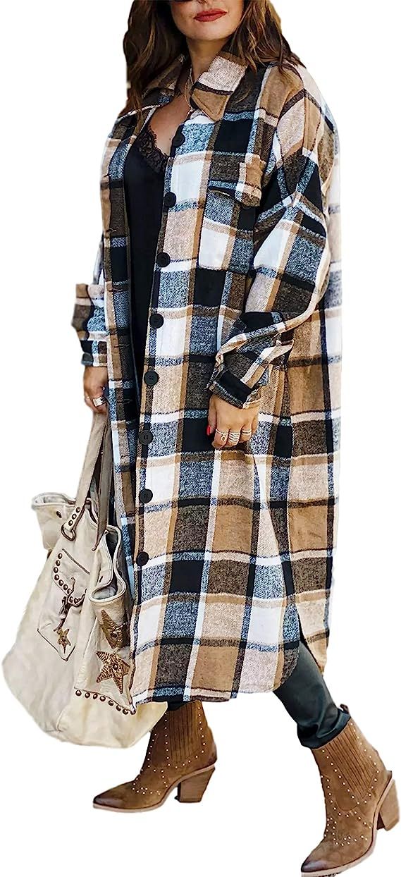 UANEO Womens Casual Plaid Button Down Long Puff Sleeve Long Trench Coats Shackets | Amazon (US)